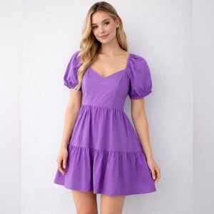 Lavender Puff Sleeve Mini Dress Romantic Fit & Flare Feminine Spring XS
